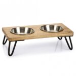 Kattenvoerbakset Verhoogd Mangohout met Antislip RVS Bakjes – Karlie Linga