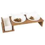 Keramische Kattenvoer- en Drinkbakset met Houten Standaard – DUVO Dinner Set Stone UP Kitty Face - Afbeelding 2