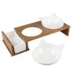 Keramische Kattenvoer- en Drinkbakset met Houten Standaard – DUVO Dinner Set Stone UP Kitty Face - Afbeelding 3