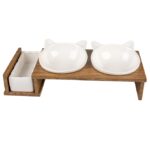 Keramische Kattenvoer- en Drinkbakset met Houten Standaard – DUVO Dinner Set Stone UP Kitty Face