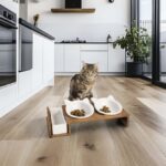Keramische Kattenvoer- en Drinkbakset met Houten Standaard – DUVO Dinner Set Stone UP Kitty Face - Afbeelding 4